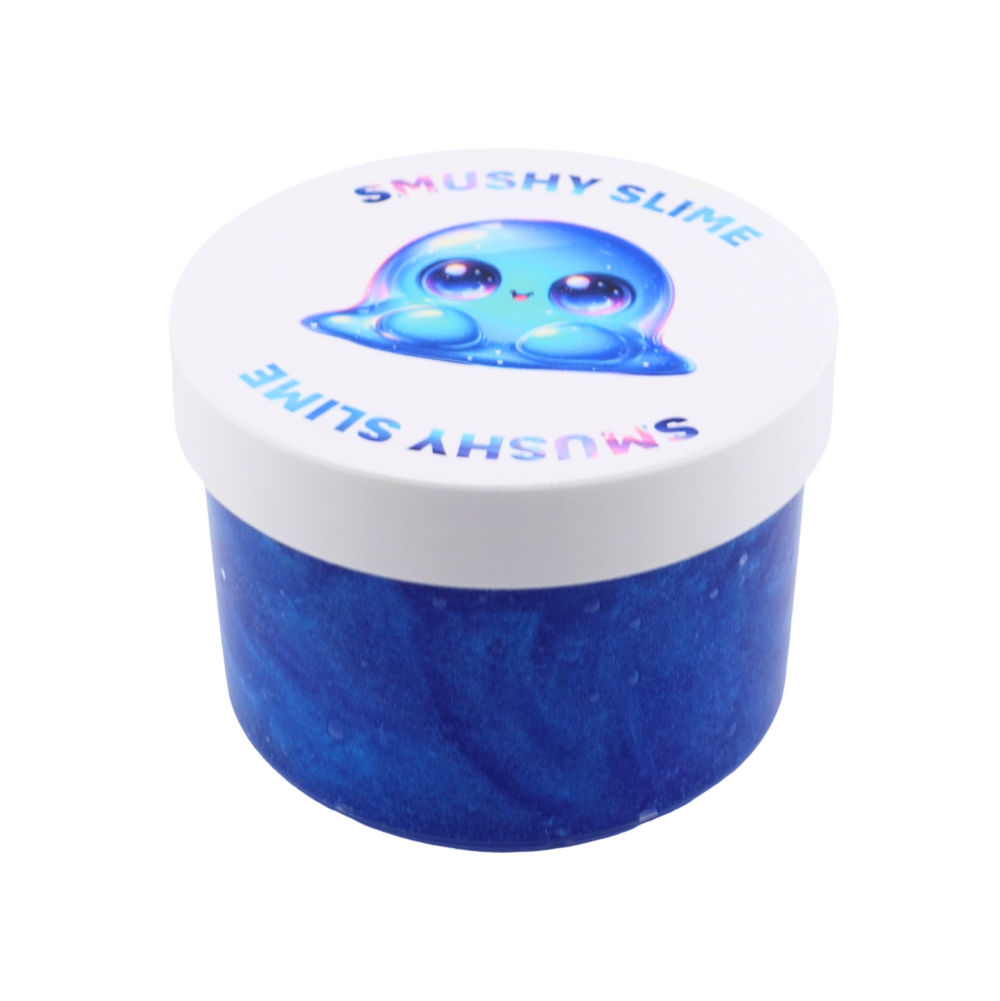 Smushy Slime container with blue slime and a cute blue slime character on the lid, representing the Crystal Ocean Slime from Smushy Slime shop.