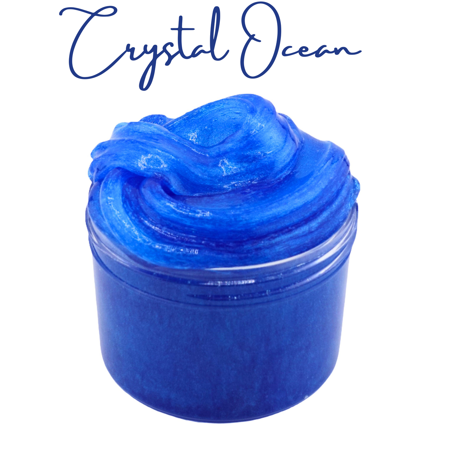 Crystal Ocean Slime from Smushy Slime shop, featuring a clear, blue, and sparkling texture that resembles blue crystals swirling in an ocean.