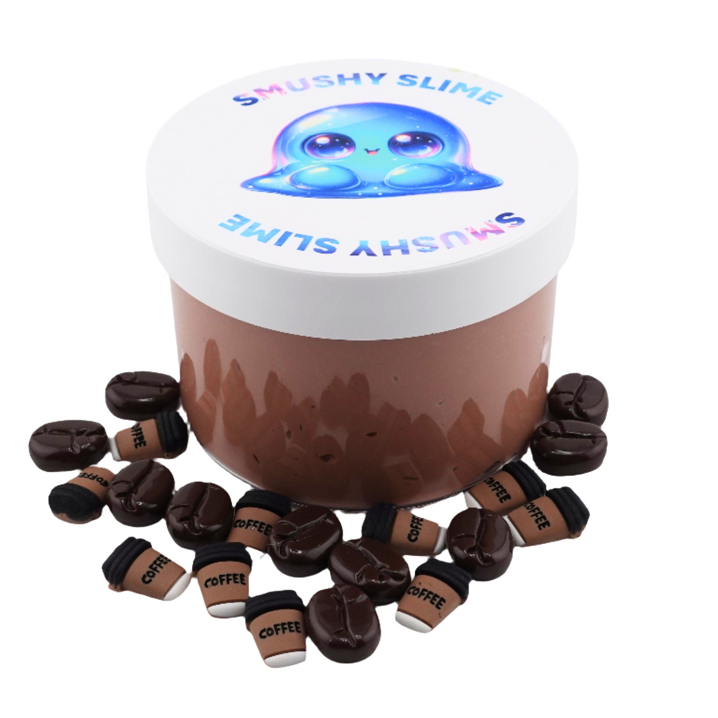 Smushy Slime container with brown slime and coffee-themed charms, representing the Hazelnut Heaven Slime from Smushy Slime shop.