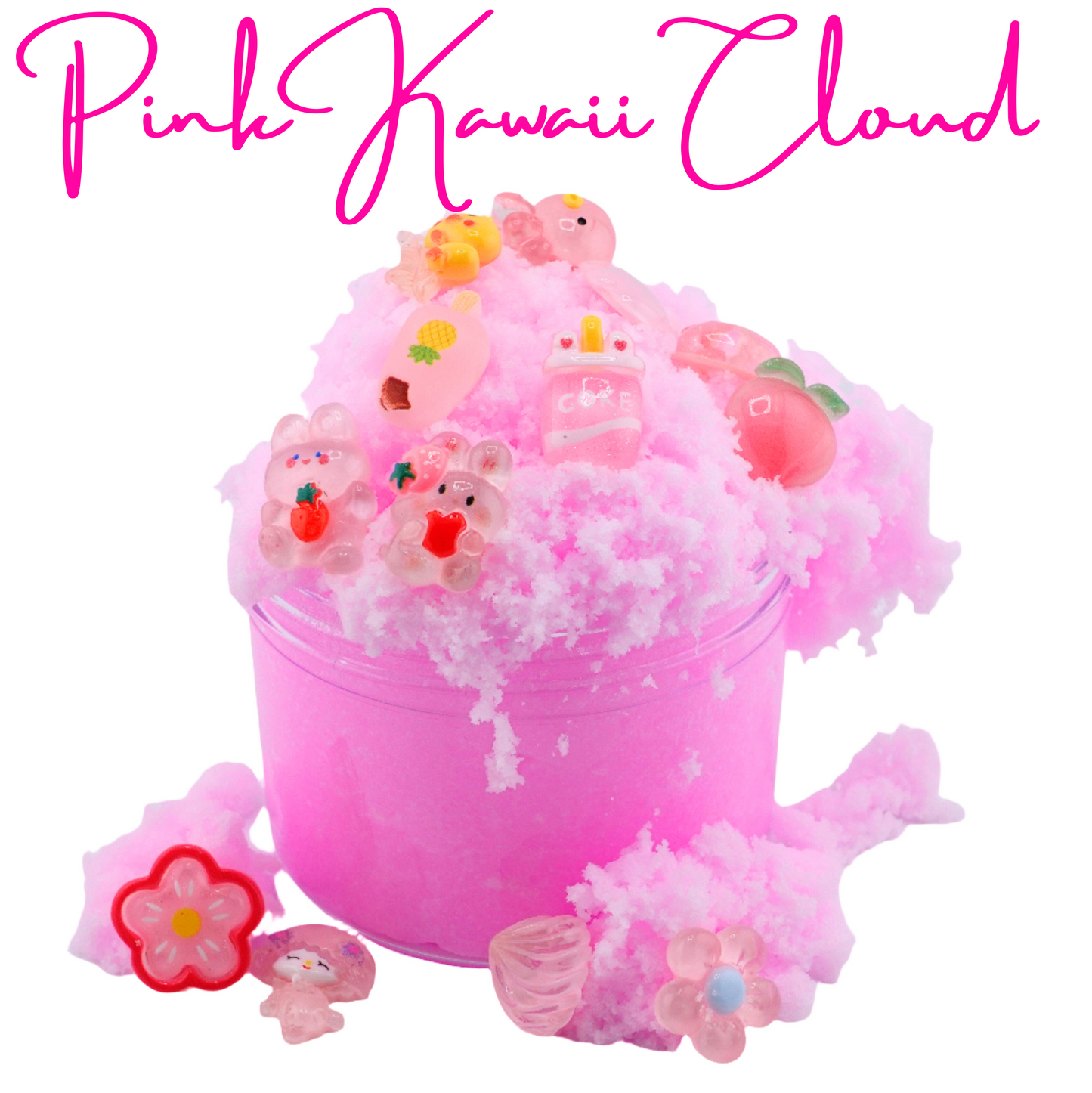 Pink Kawaii Cloud Slime from Smushy Slime shop, featuring fluffy pink slime with adorable pink charms for a delightful and fun experience.