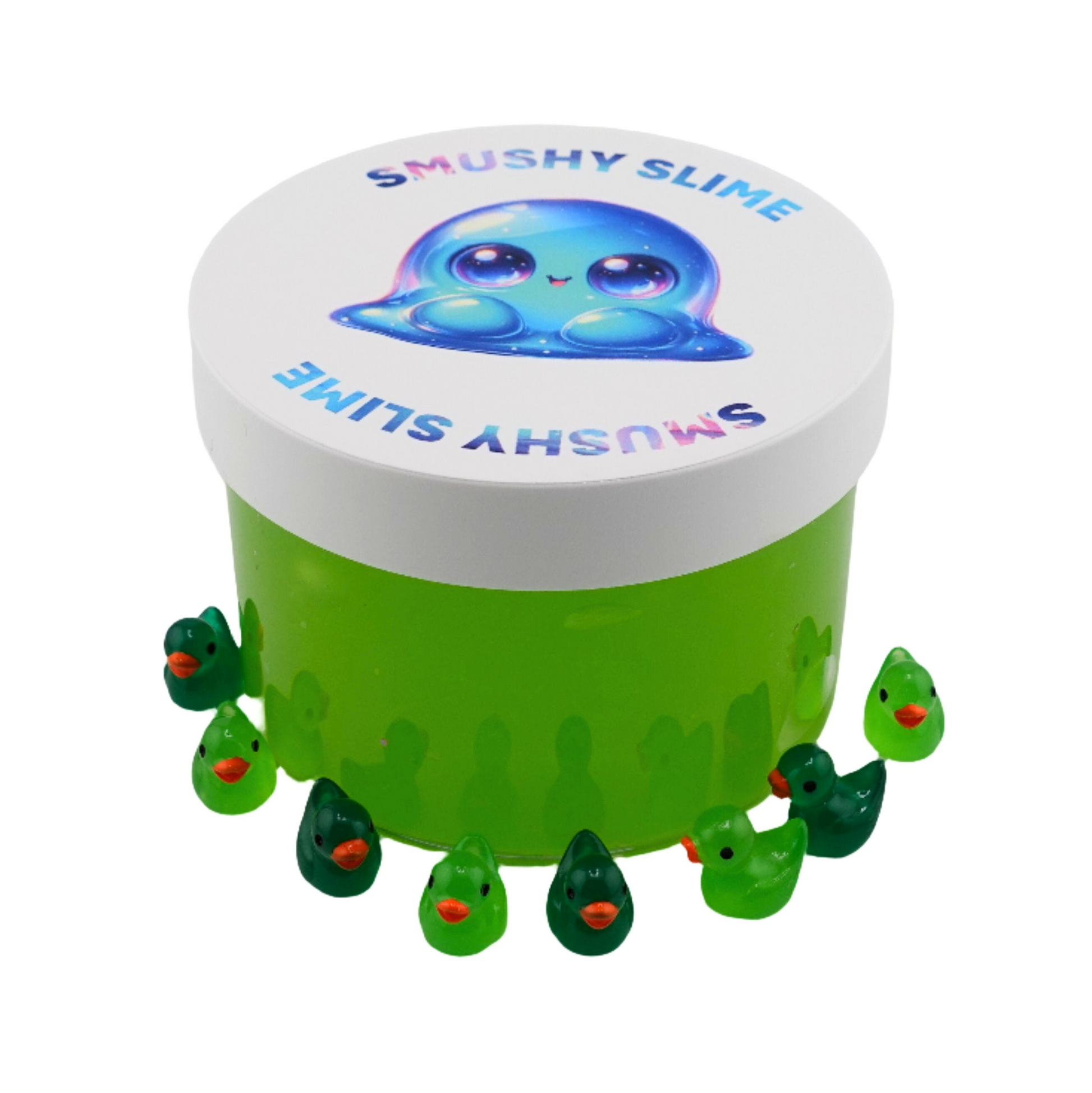 Smushy Slime container with green slime and cute duck-themed charms, representing the Quacky Green Slime from Smushy Slime shop.