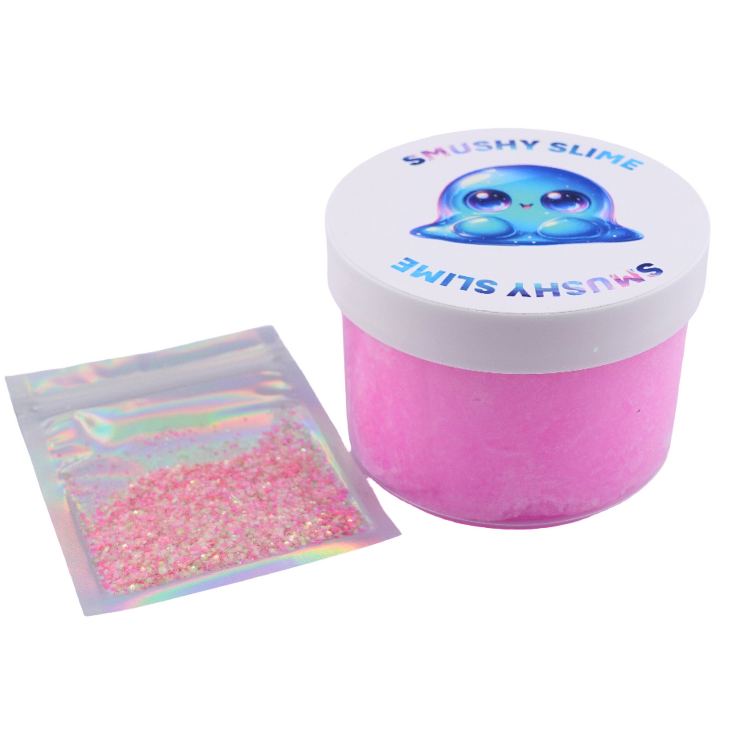 Smushy Slime container with pink slime and a packet of pink glitter, representing the Sparkling Enchanted Cloud Slime from Smushy Slime shop.