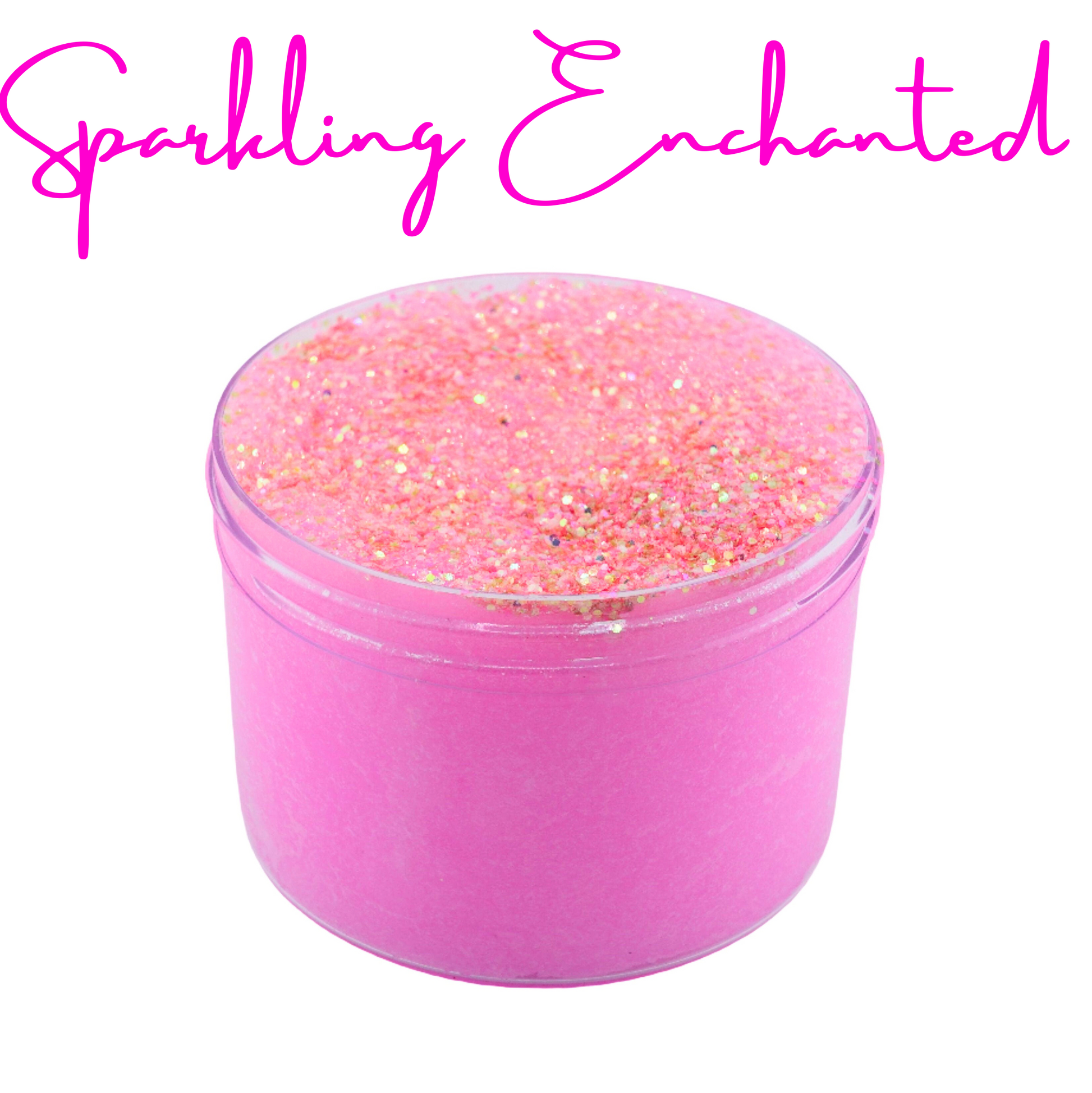 Sparkling Enchanted Cloud Slime from Smushy Slime shop, featuring fluffy pink slime with a layer of shimmering pink glitter on top.