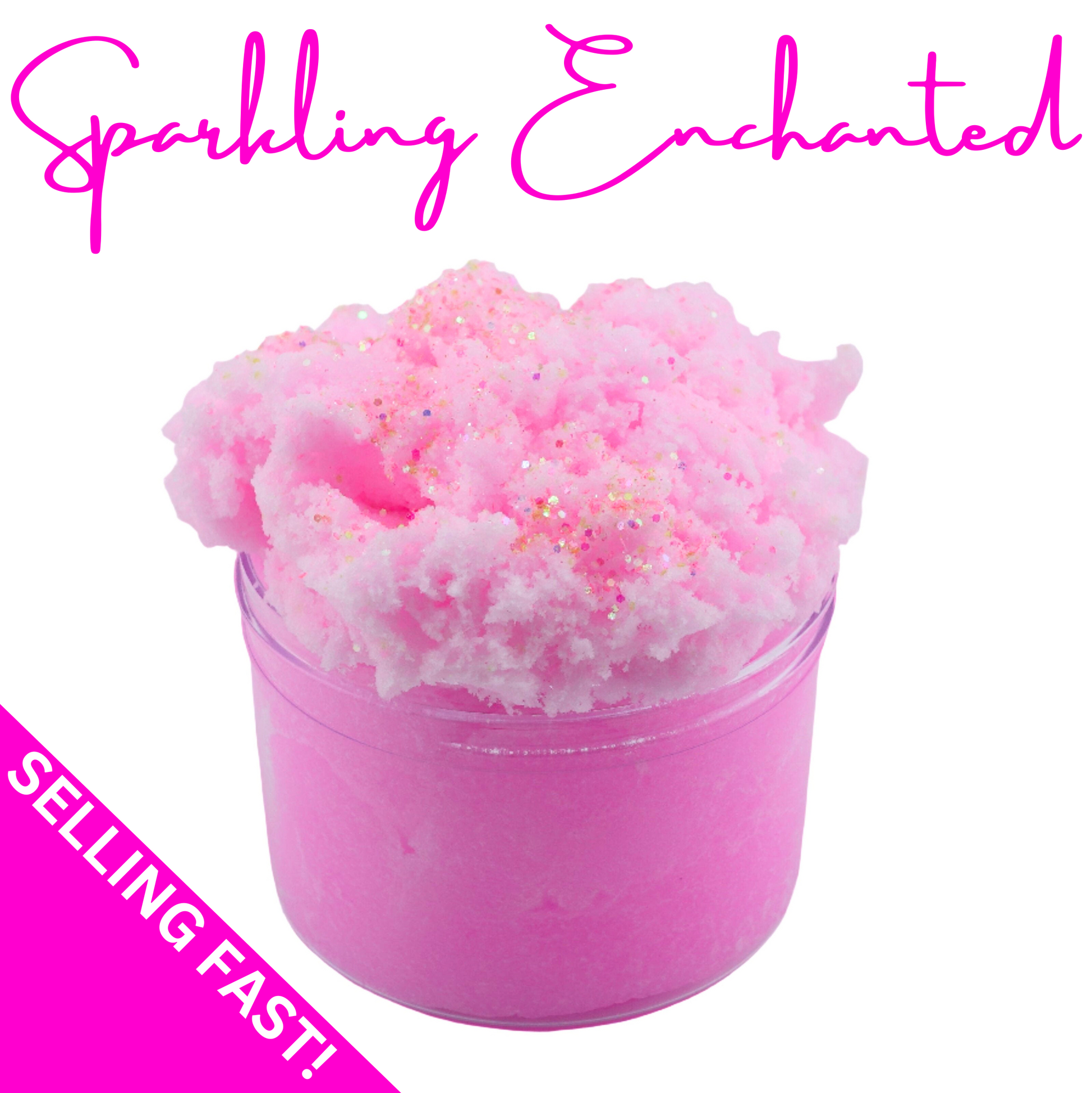 Sparkling Enchanted Cloud Slime from Smushy Slime shop, showcasing fluffy pink slime with sparkling glitter and labeled 'Selling Fast!